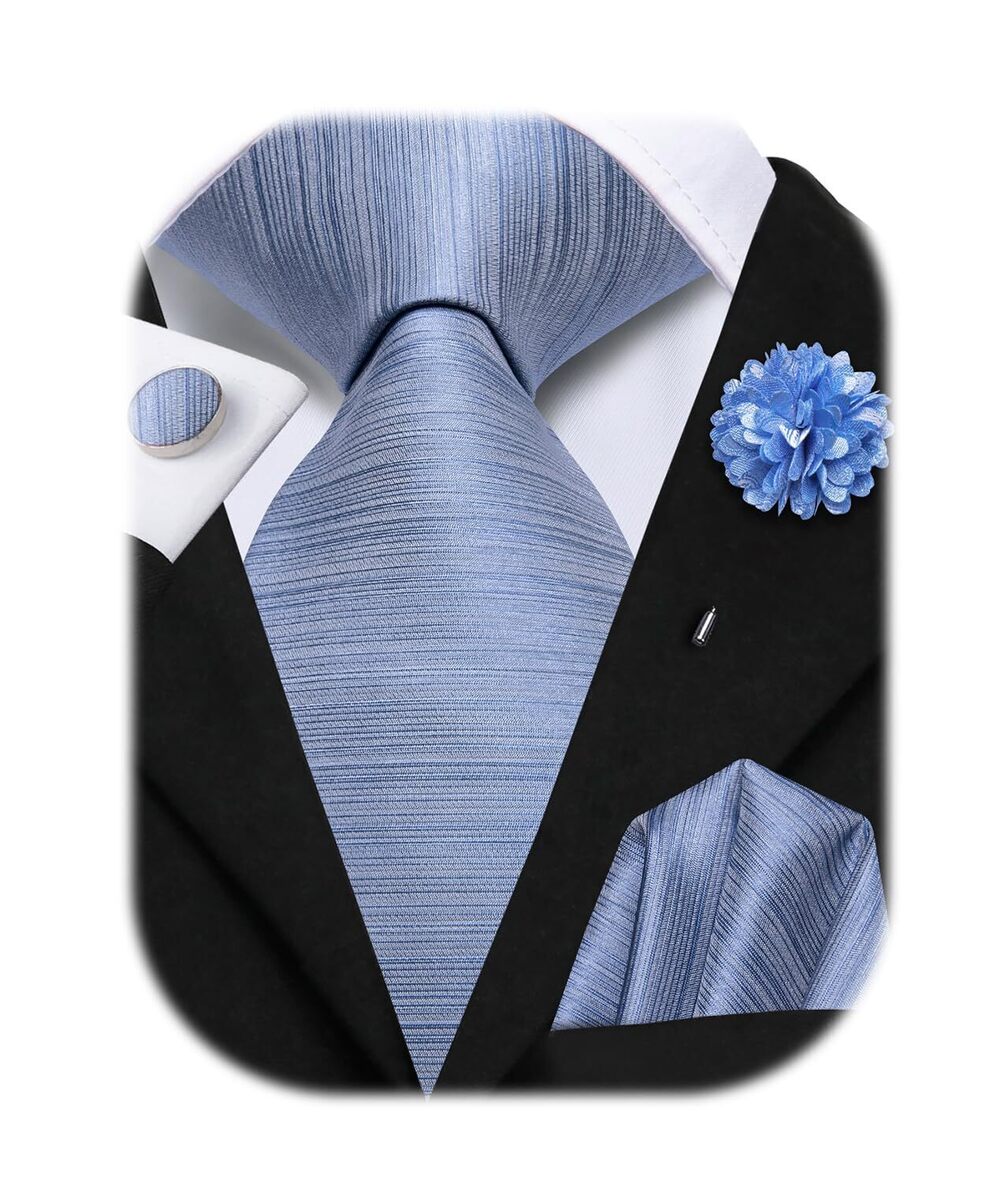 8724 Grey Blue Tie Set with Lapel Pin Silk Satin Solid Formal Necktie